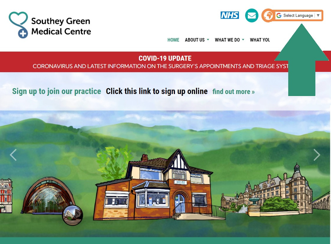 Image of the home page of this website with an arrow pointing to the top right where Google languages can be changed to change the language of this site for people who prefer to read the information in another language